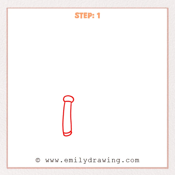 how to draw a fishing pole - Early stage of a fishing pole drawing with a long vertical handle, a rounded top cap, and a curved band at the bottom.